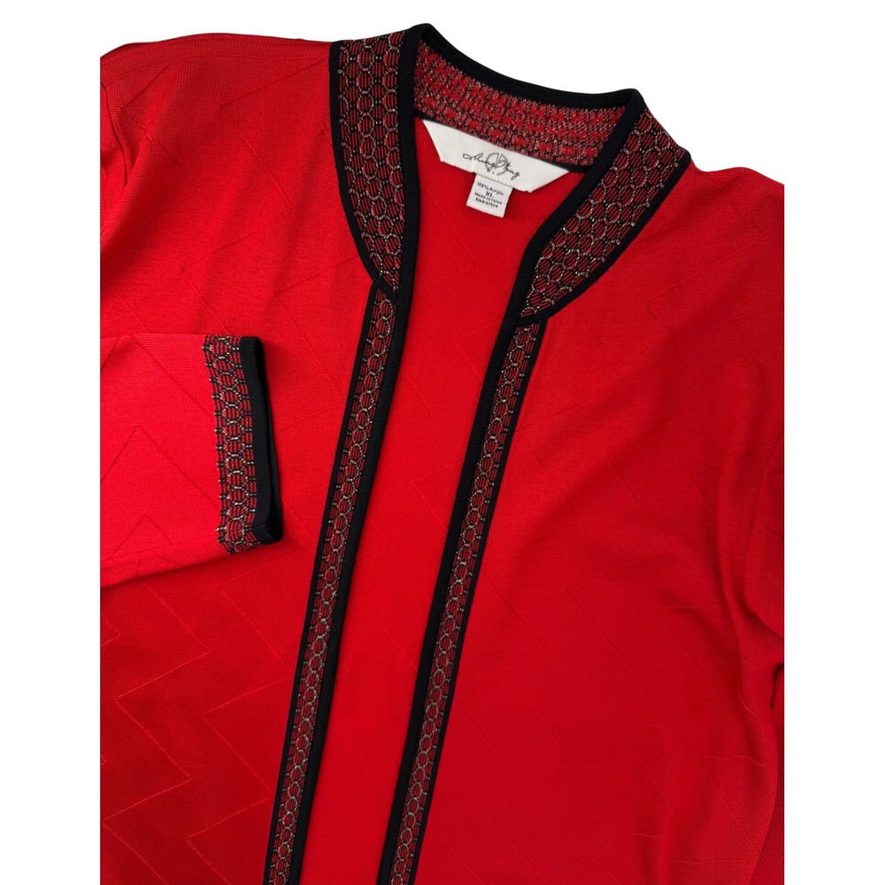 Ming Wang Red Geometric Knit Open Front Cardigan Sweater XL Womens